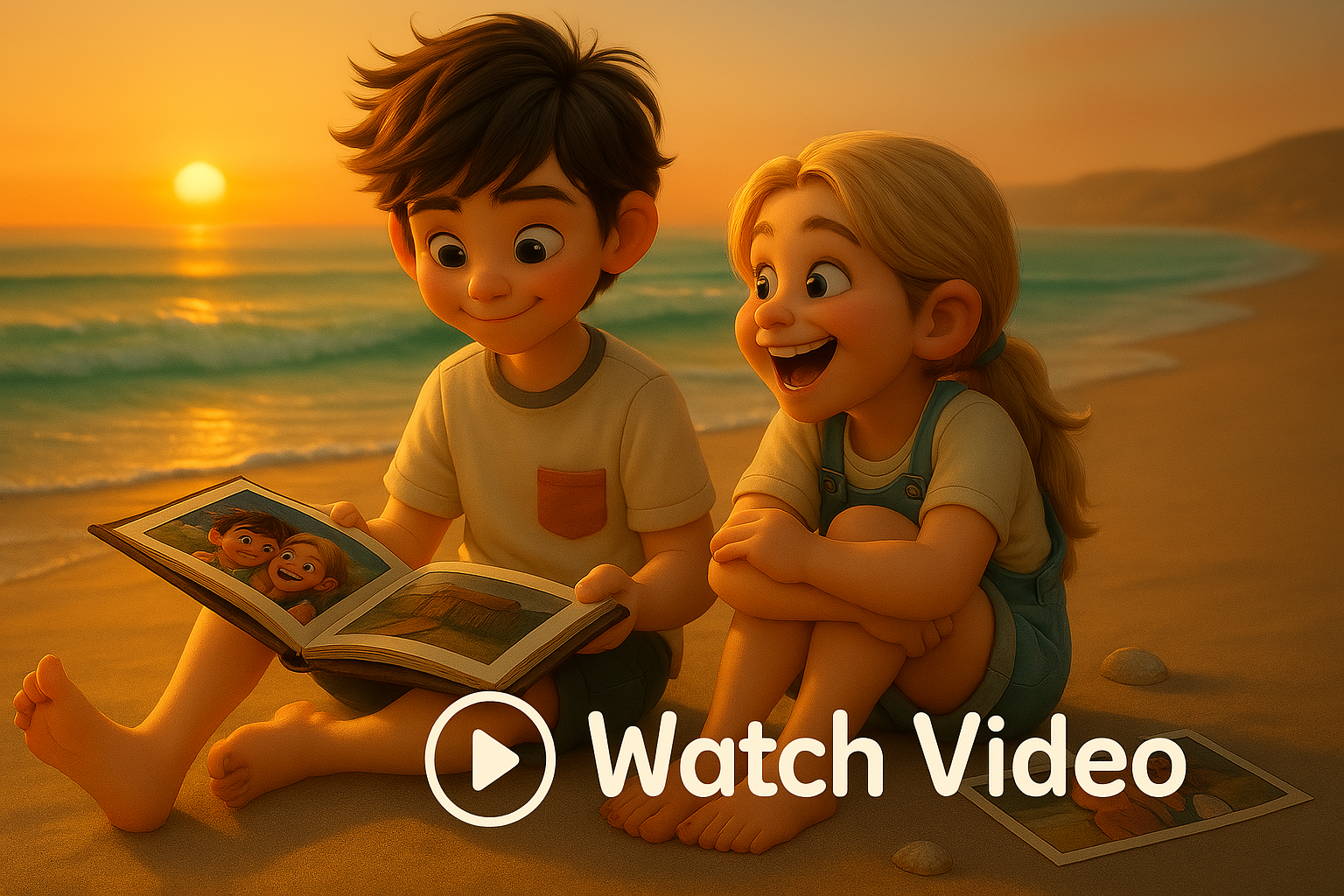 A boy and a girl are sitting on the beach reading a book.