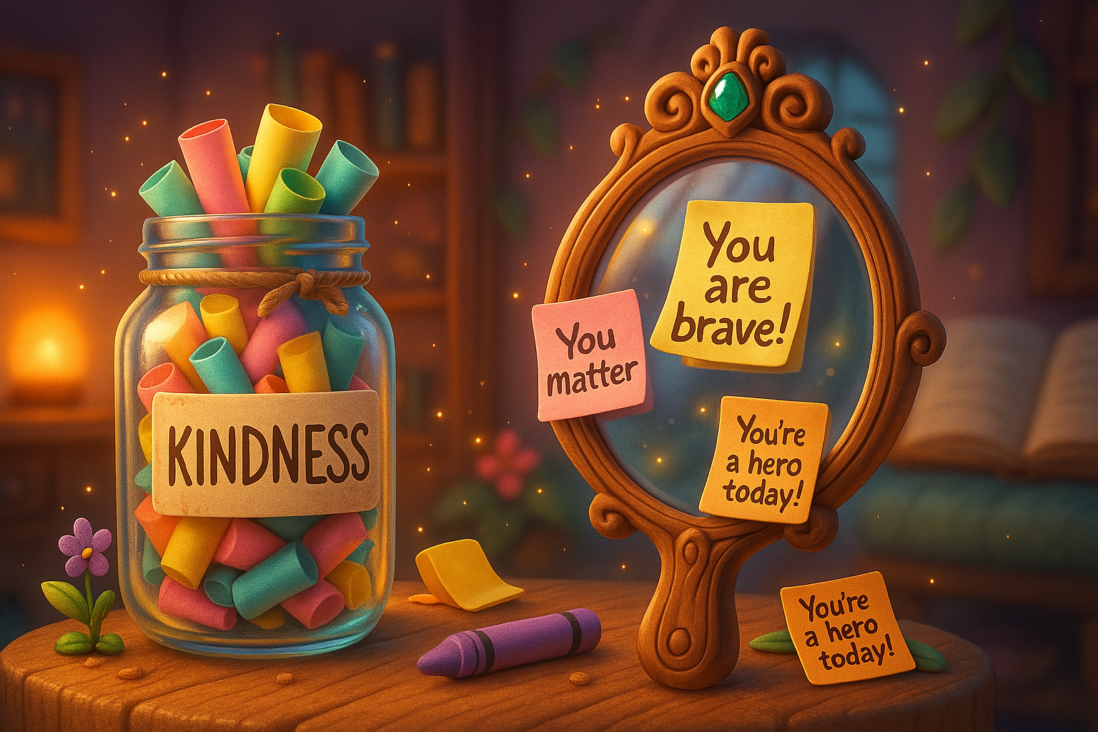 A jar of kindness and a mirror with sticky notes on it.