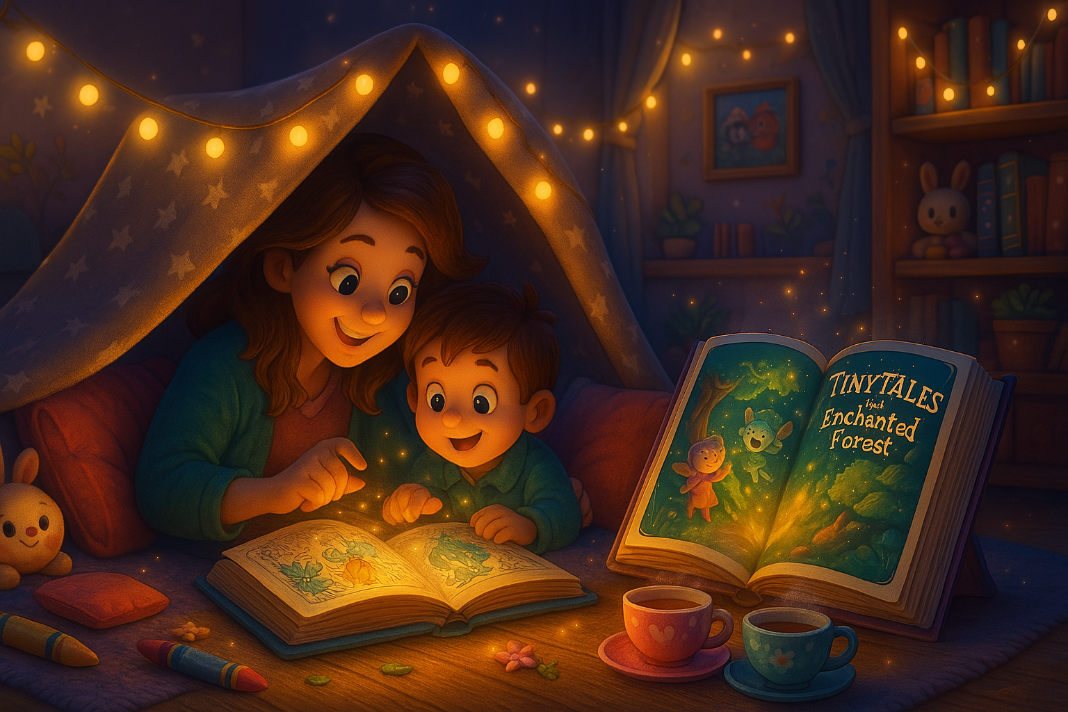 A woman and a child are reading a book under a blanket.