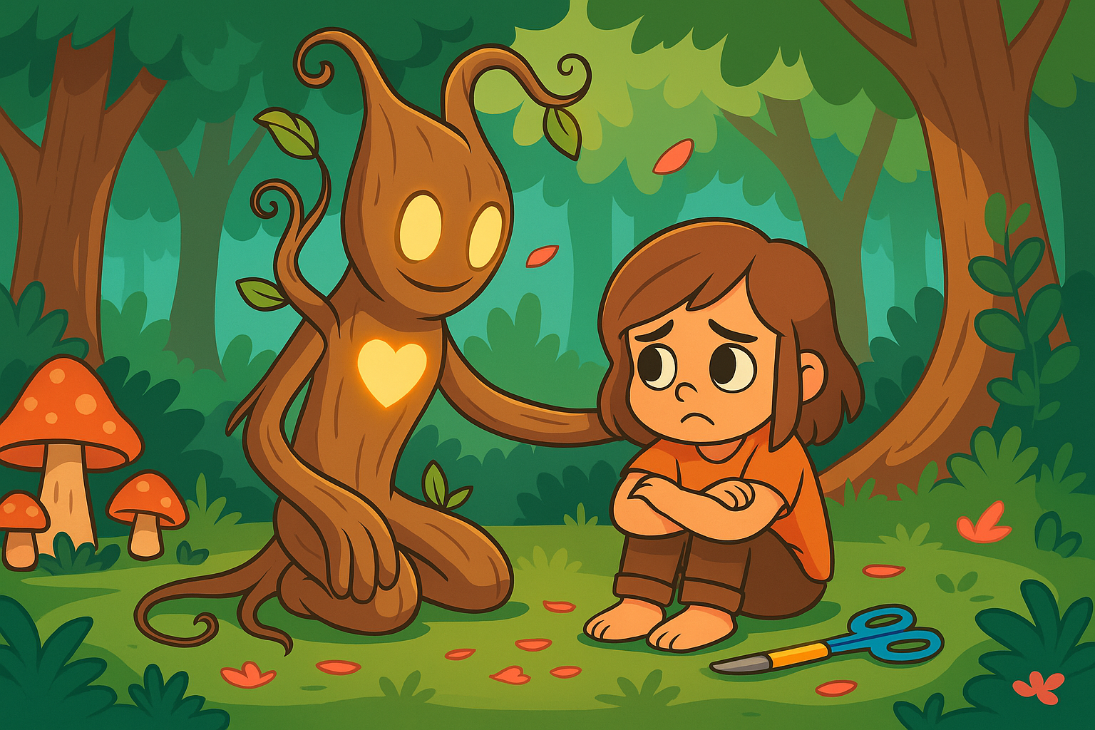 A little girl is sitting next to a tree with a heart on it.
