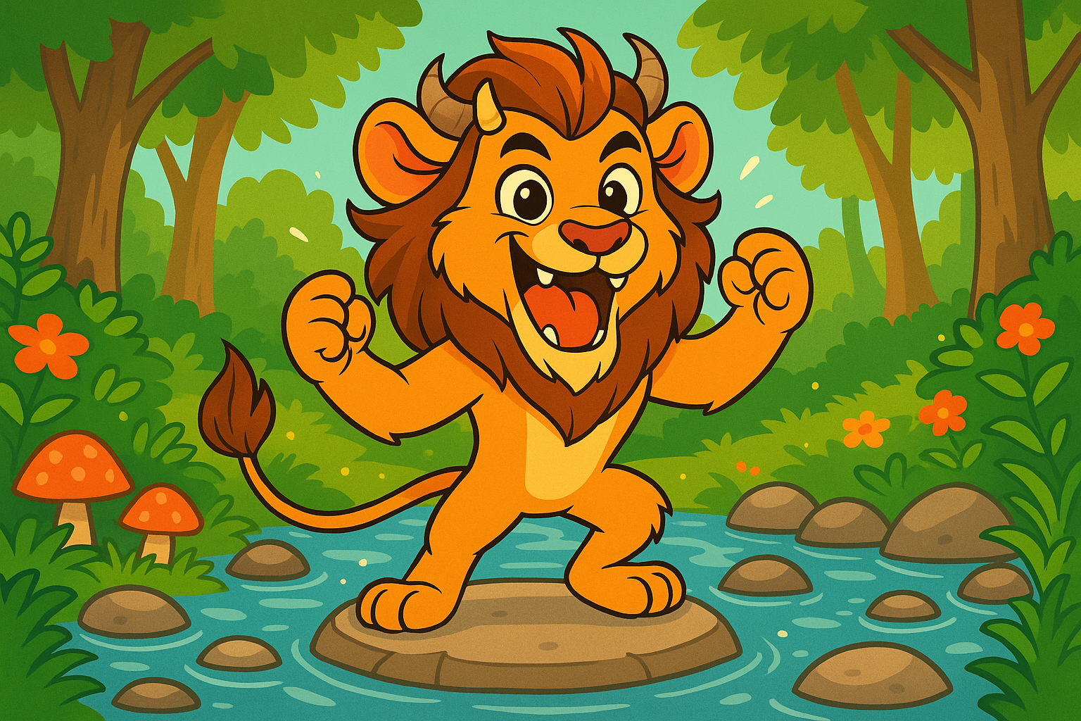 A cartoon lion is standing on a rock in the middle of a forest.