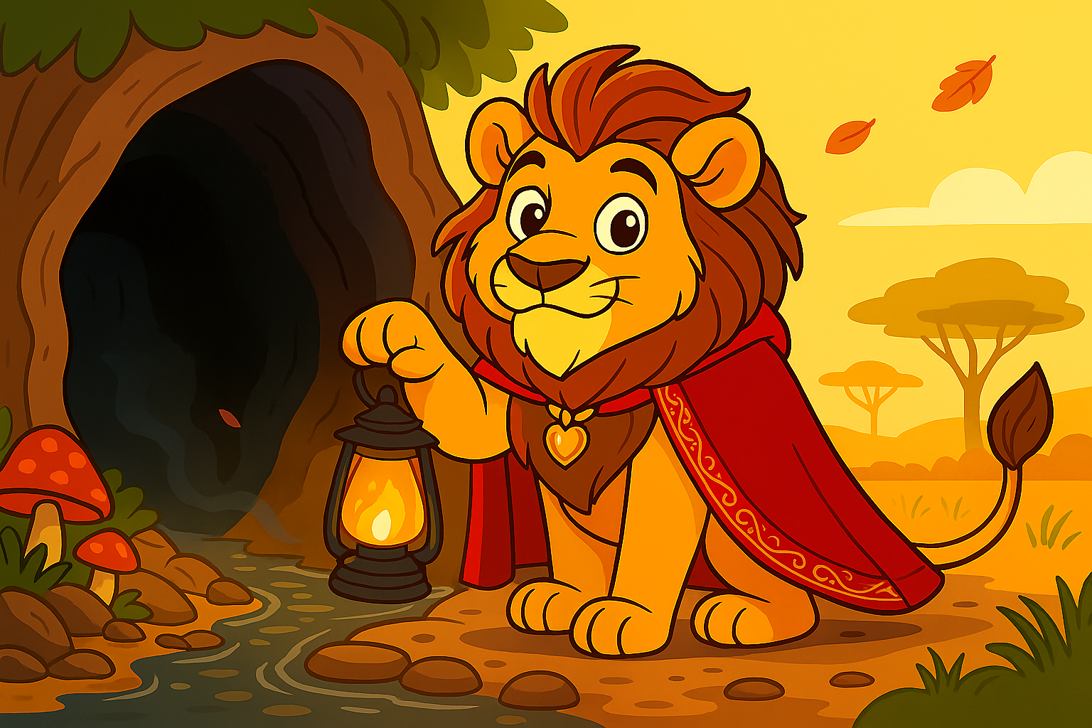 A lion in a cape is holding a lantern in front of a cave.