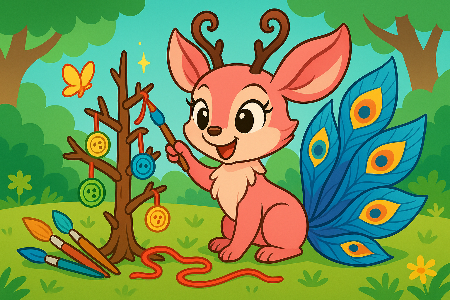 A pink deer with peacock feathers on its tail is sitting next to a tree.