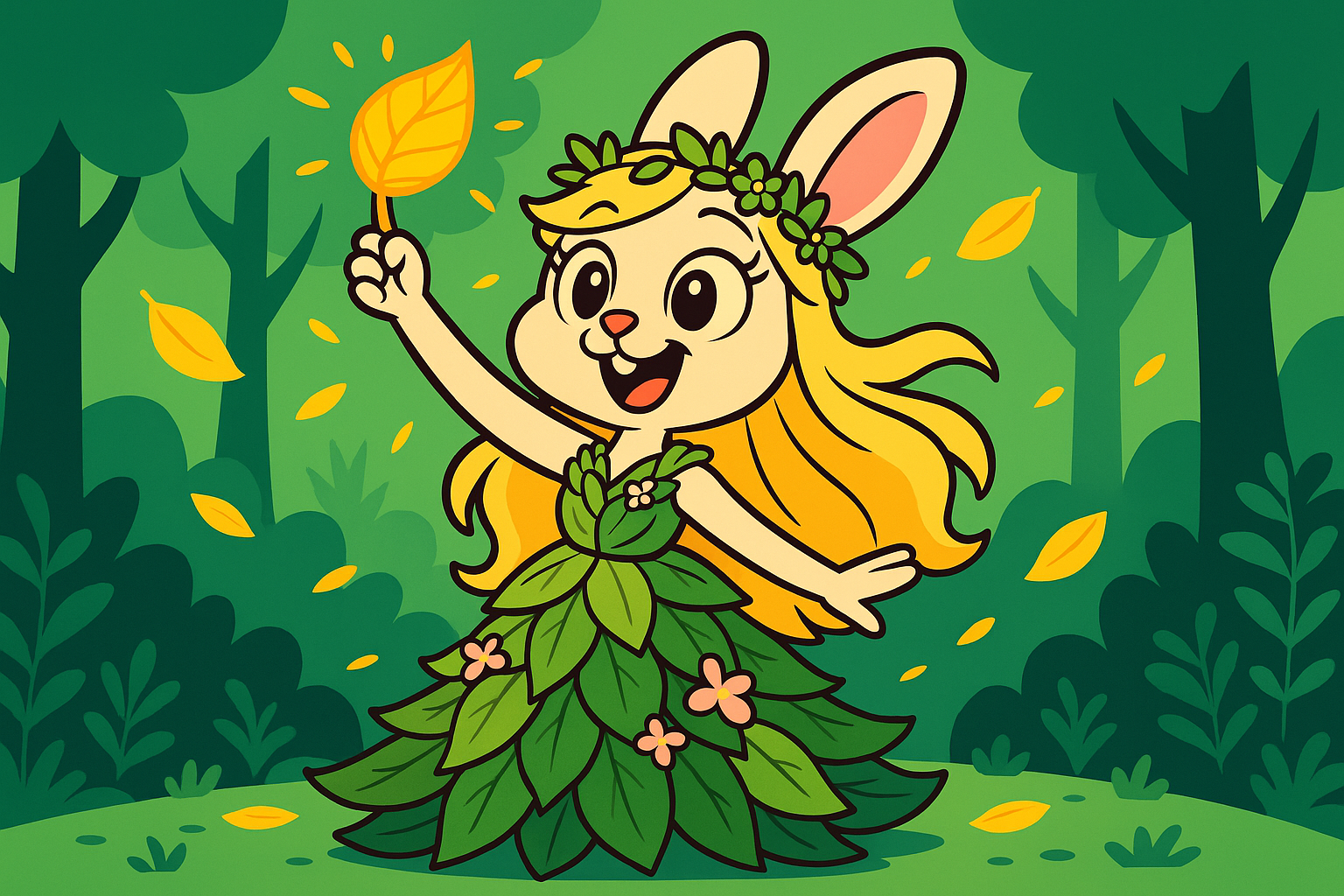 A rabbit in a green dress is holding a leaf in a forest.