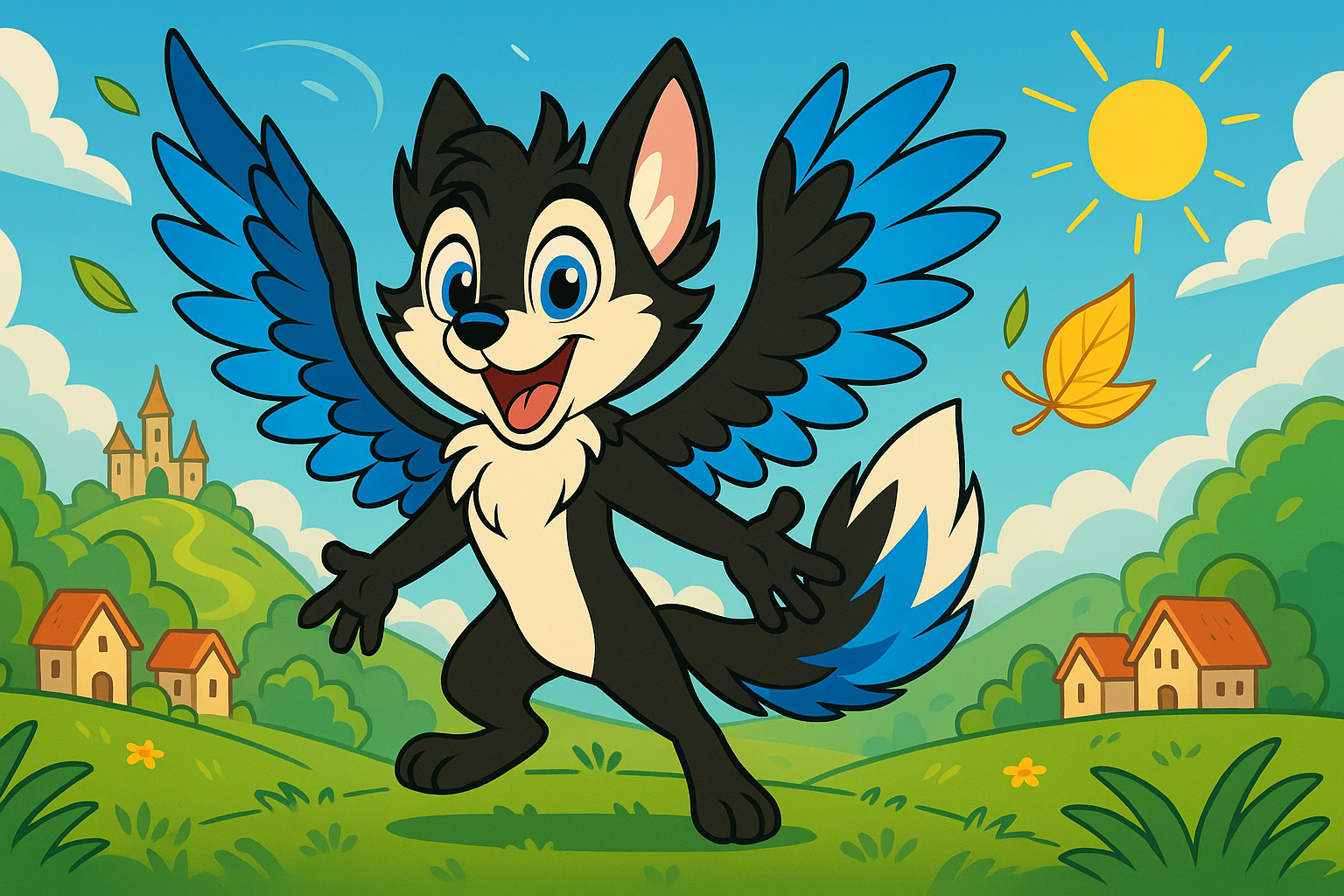 A furry animal with wings is standing in a field.