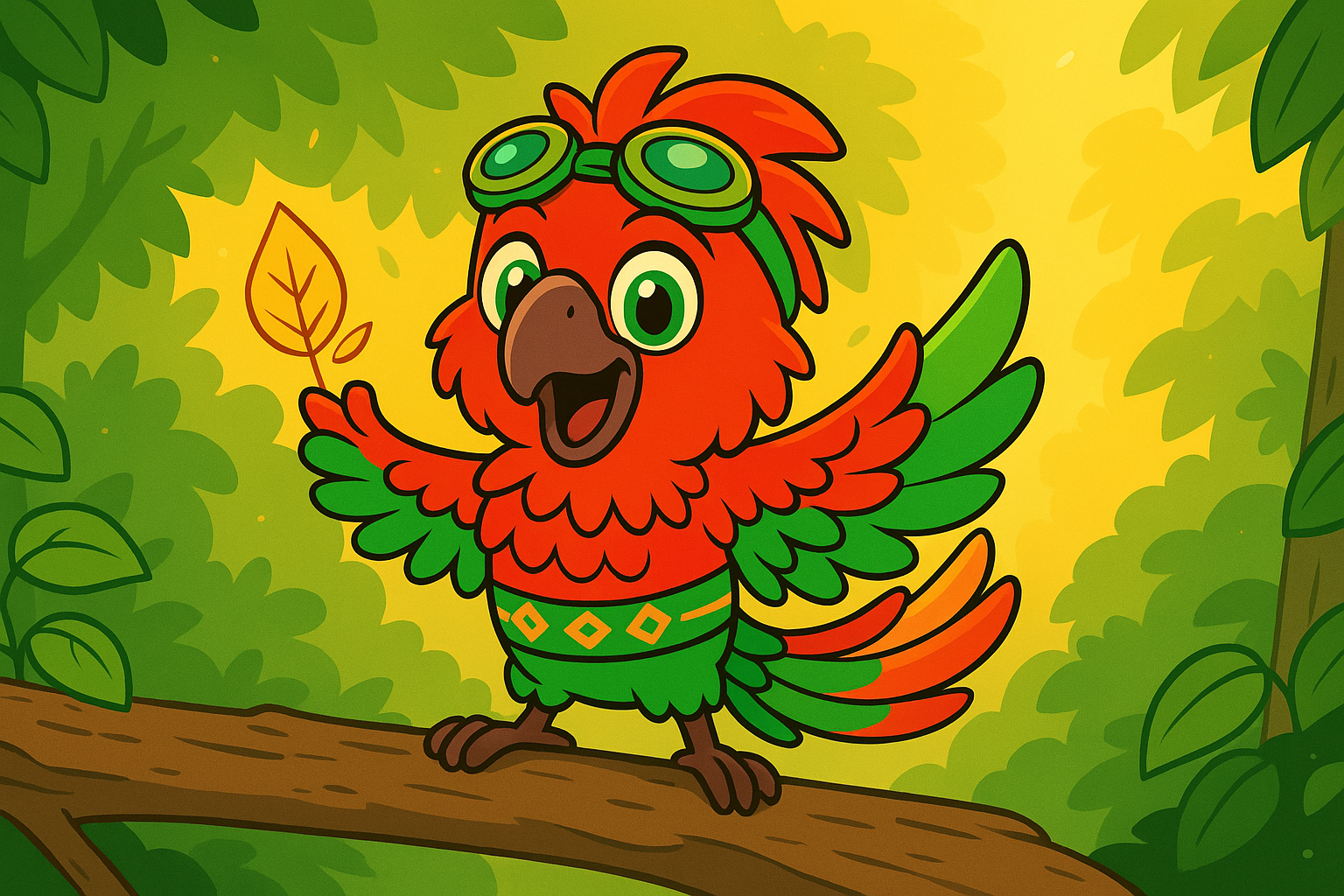A cartoon parrot is sitting on a tree branch in the jungle.