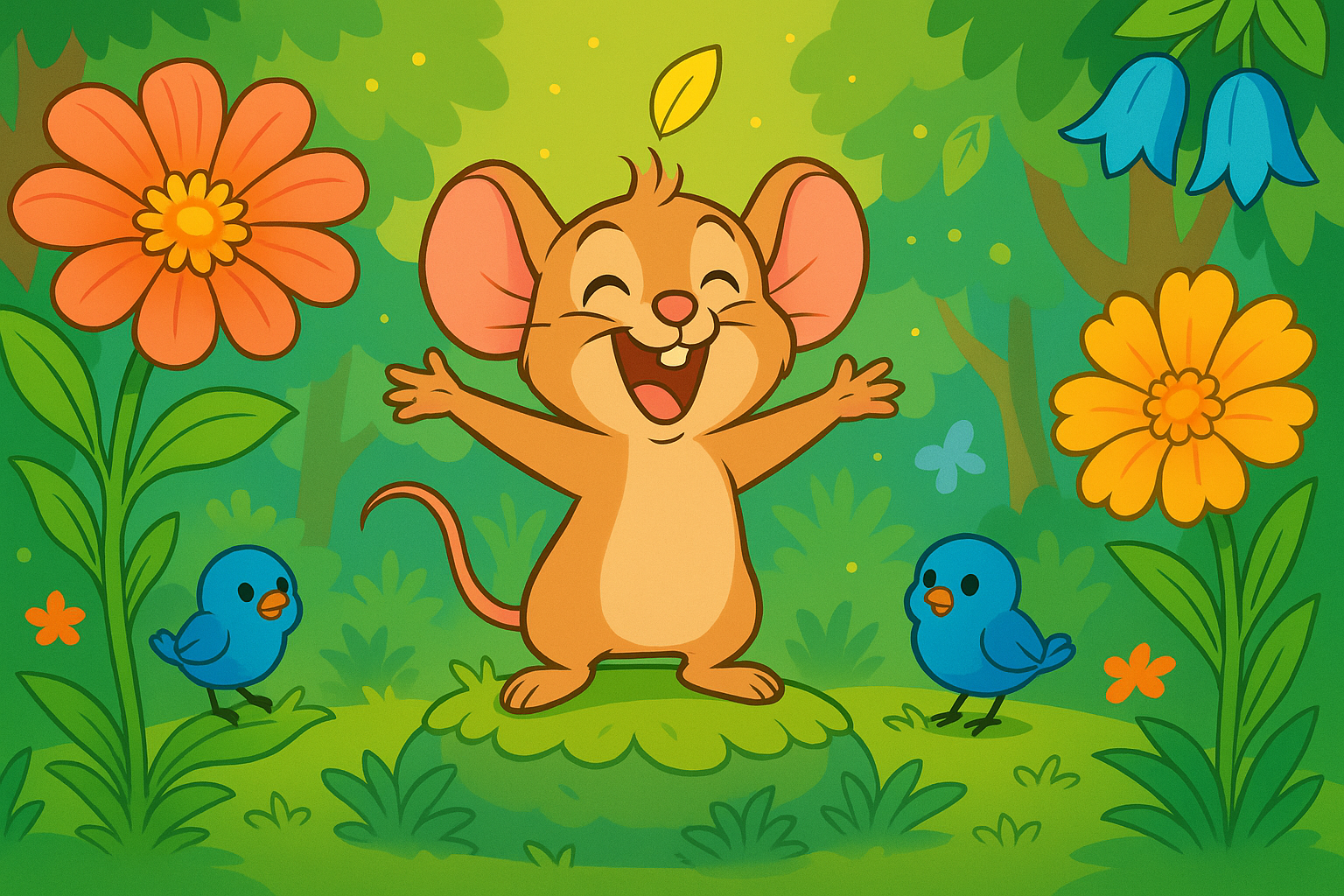 A cartoon mouse is standing on a rock surrounded by flowers and birds.