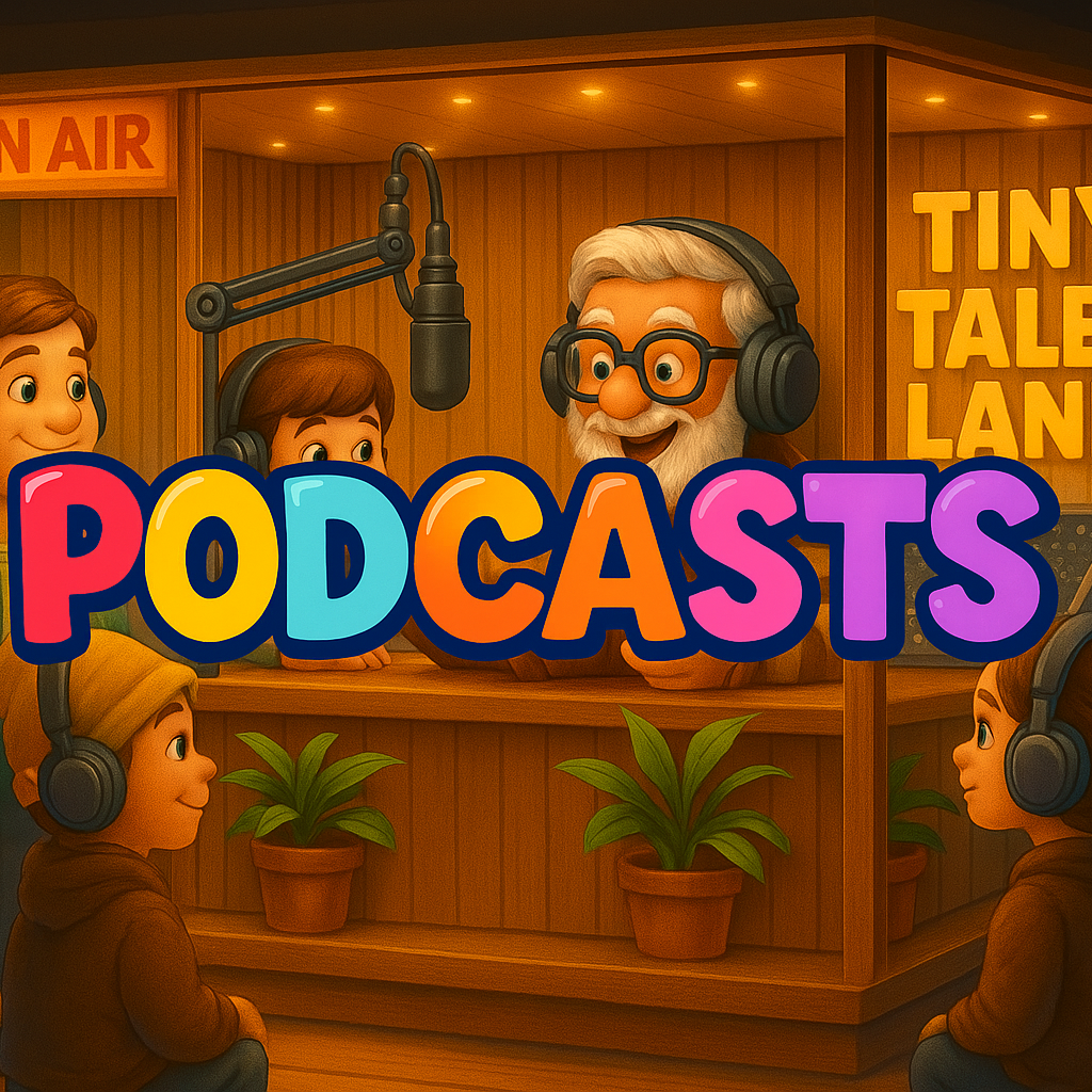 A group of people are sitting in front of a sign that says podcasts
