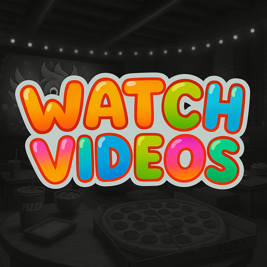 A colorful logo for watch videos with a pizza in the background.