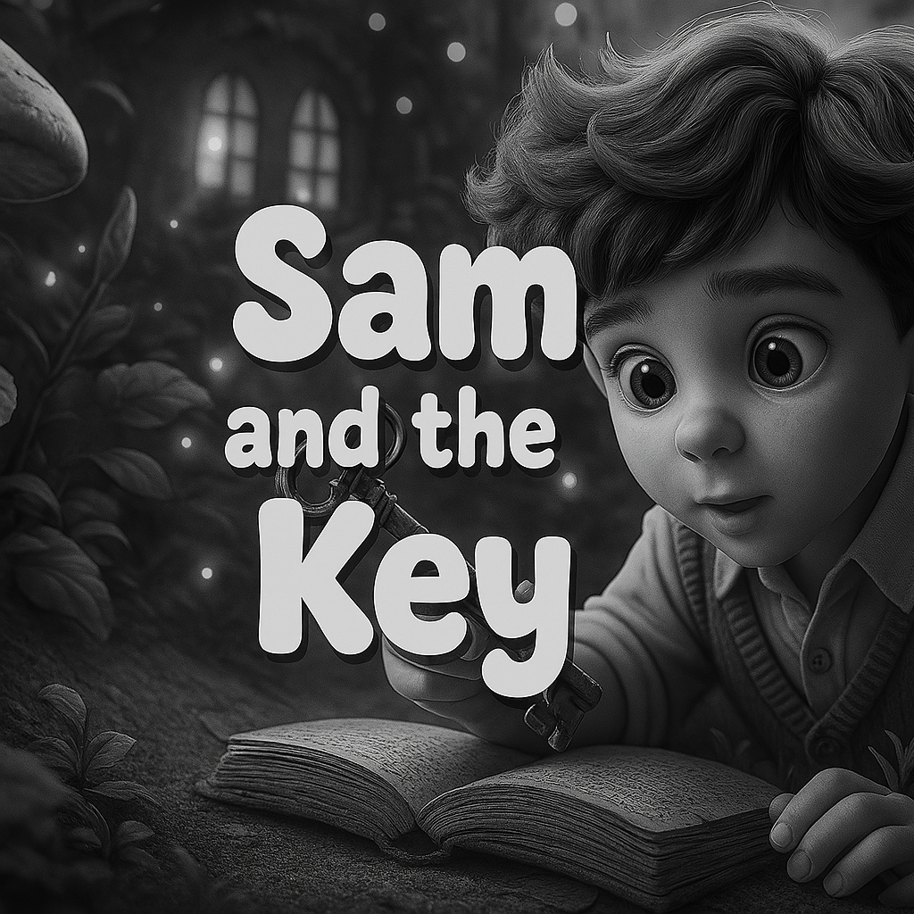 A black and white photo of a boy holding a key with the words click here below him