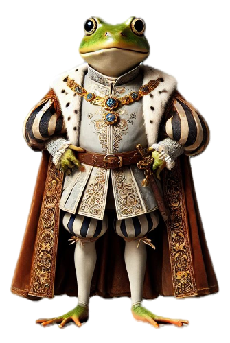A frog dressed as a king is standing on a white background.