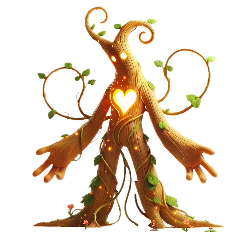 A cartoon tree with arms and legs and a heart in its chest.