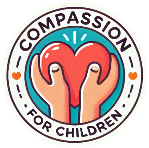 A logo for compassion for children with two hands holding a heart.