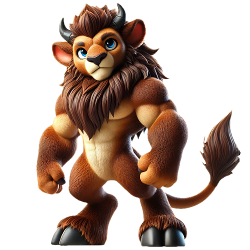 A cartoon lion with horns and a long tail is standing on a white background.