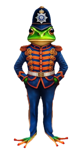 A frog wearing a police uniform and hat is standing with his hands on his hips.