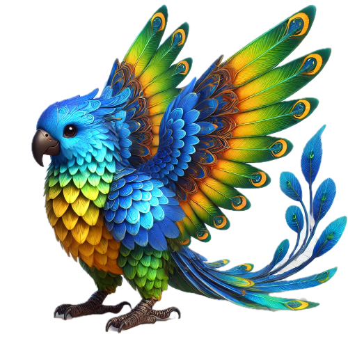 A colorful parrot with peacock feathers on its tail