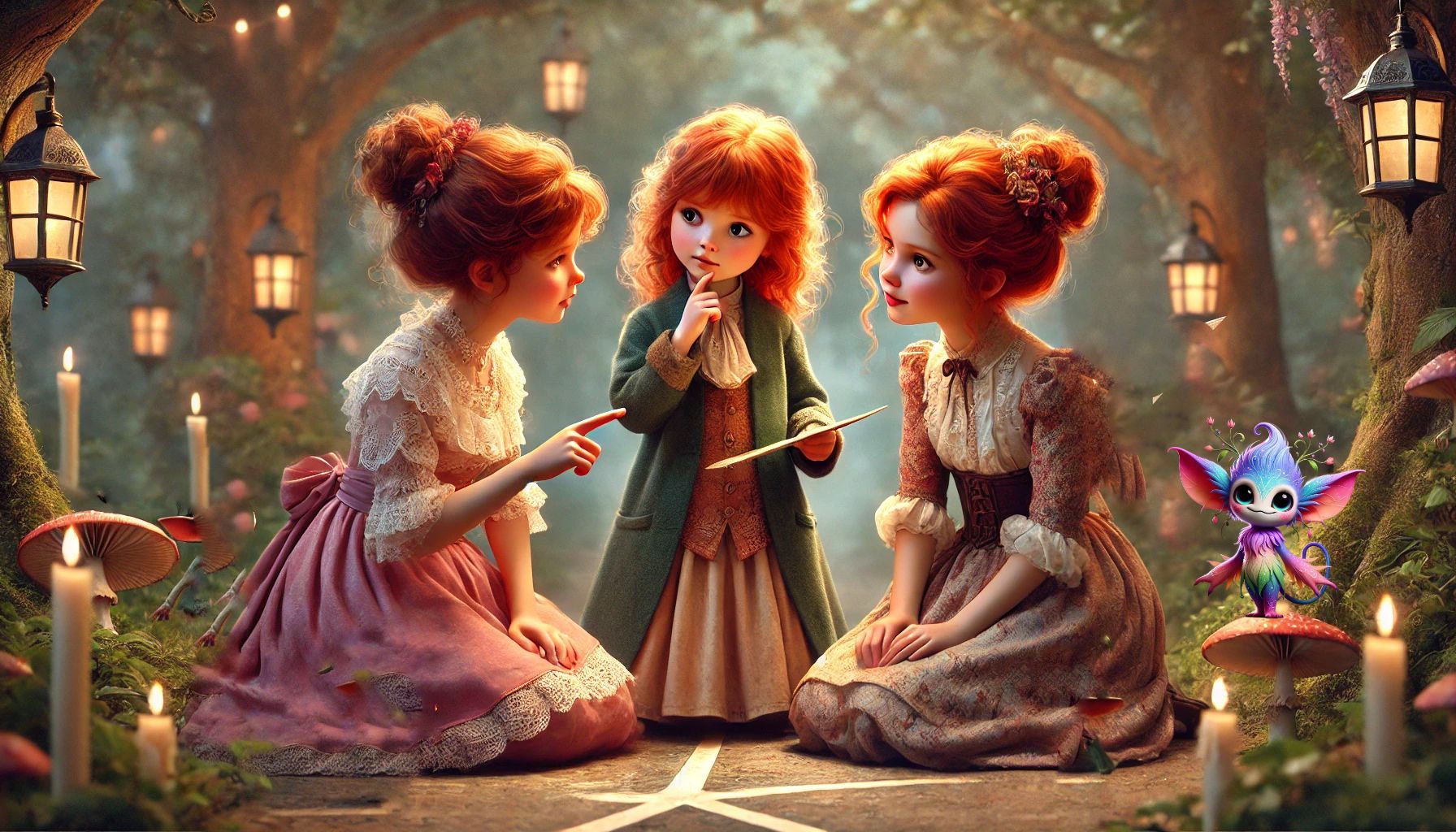 Three little girls are sitting next to each other in a forest.