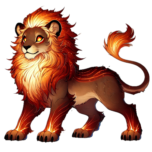 A lion with a fire mane and tail is standing on a white background.