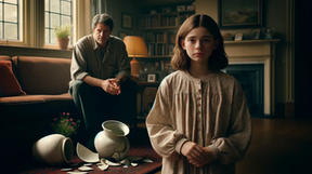 A little girl is standing in front of a broken vase in a living room.
