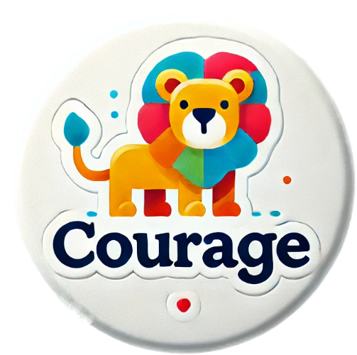 A button with a lion and the word courage on it