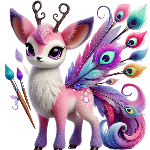 A pink and purple deer with peacock feathers and brushes.