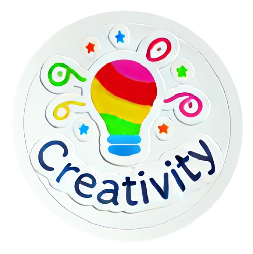 A sticker with a light bulb and the word creativity on it