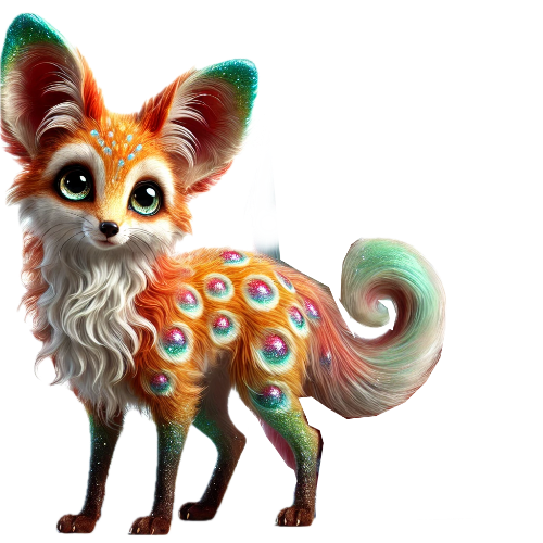 A colorful fox with a rainbow tail is standing on a white background.