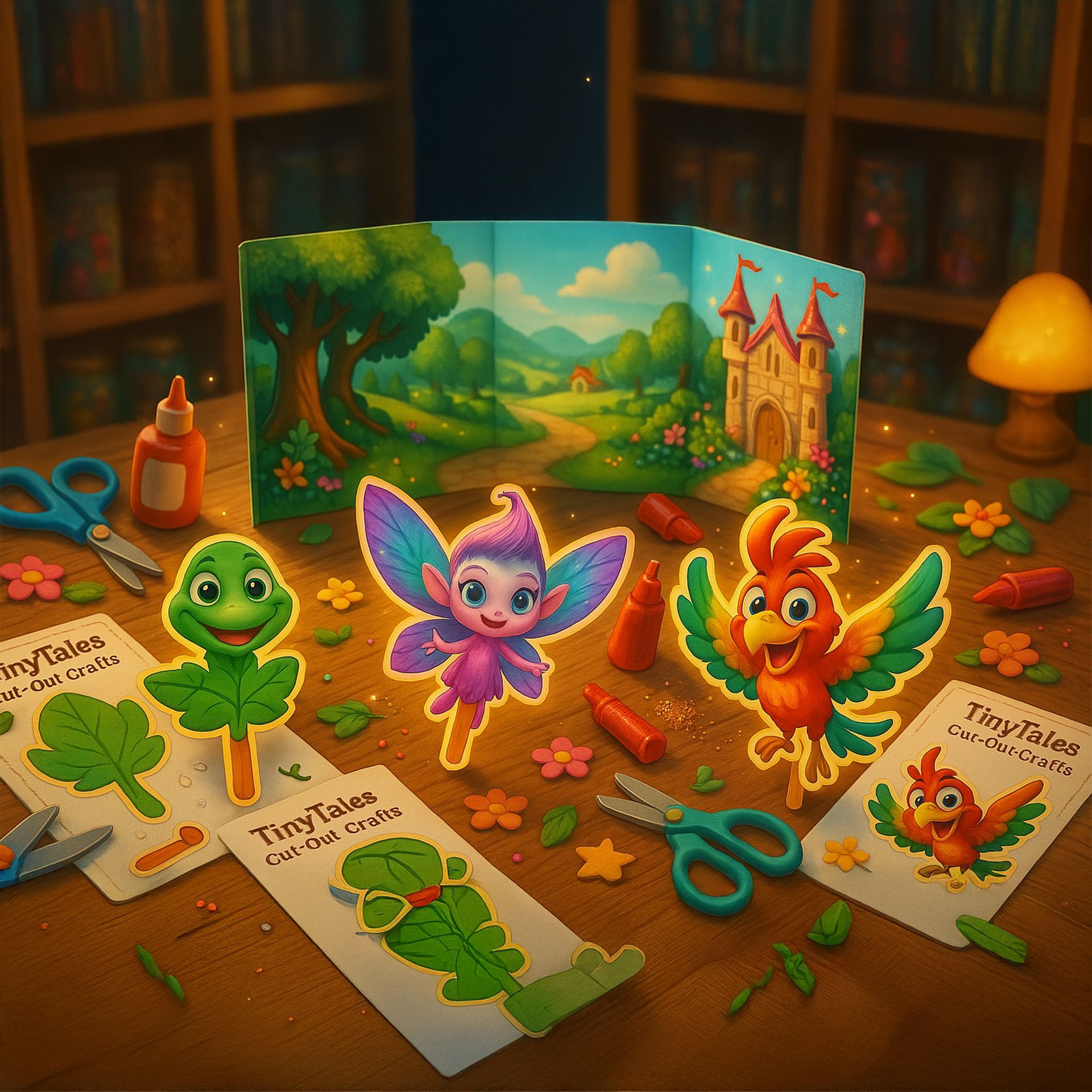 A table topped with tiny tales cards and stickers