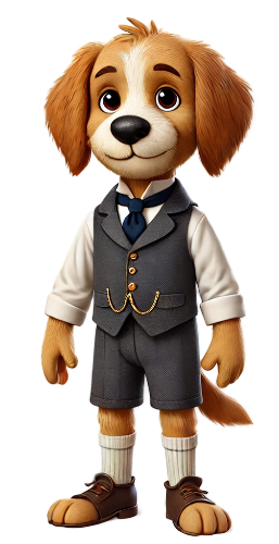 A cartoon dog wearing a suit and tie is standing on a white background.