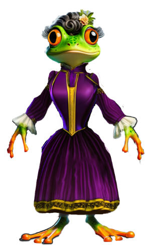 A frog is wearing a purple dress and a hat.