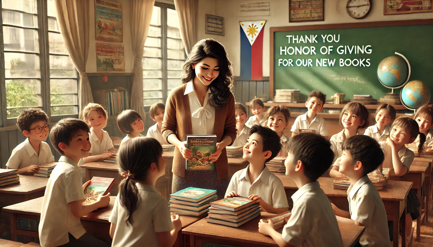 A teacher is giving a book to a group of children in a classroom.
