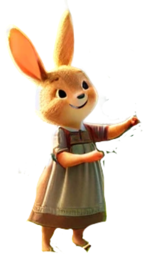 A cartoon rabbit in a dress is standing on a white background.
