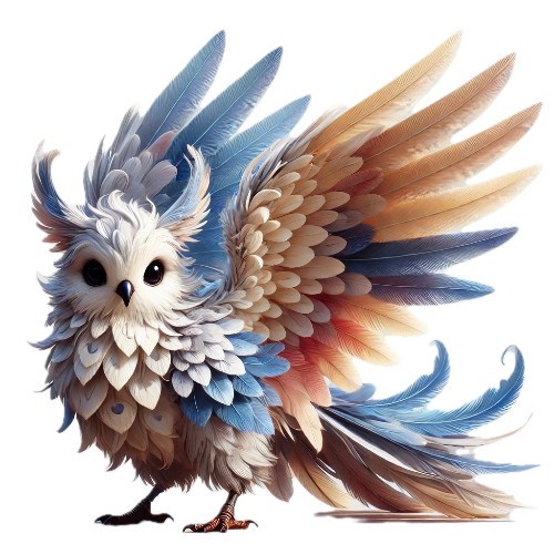 A colorful owl with a long tail is standing on a white background