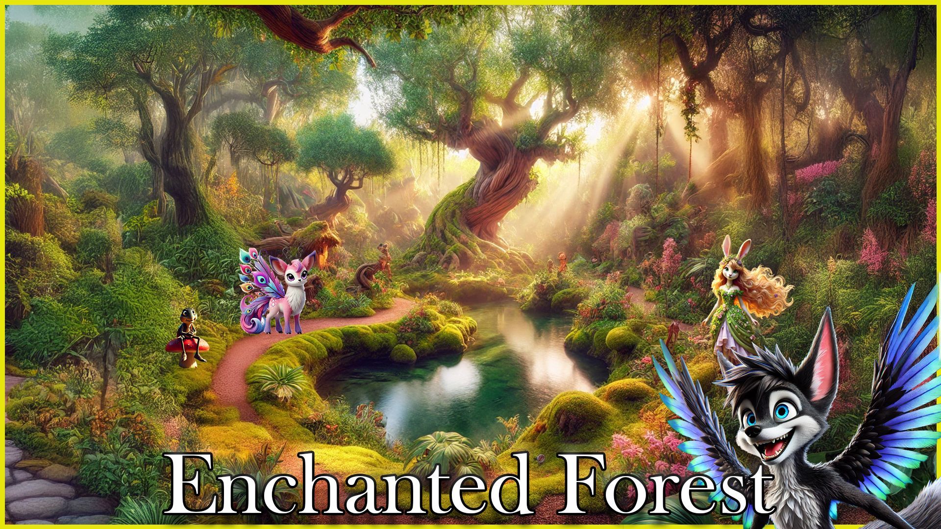 A picture of an enchanted forest with a cat flying through it.