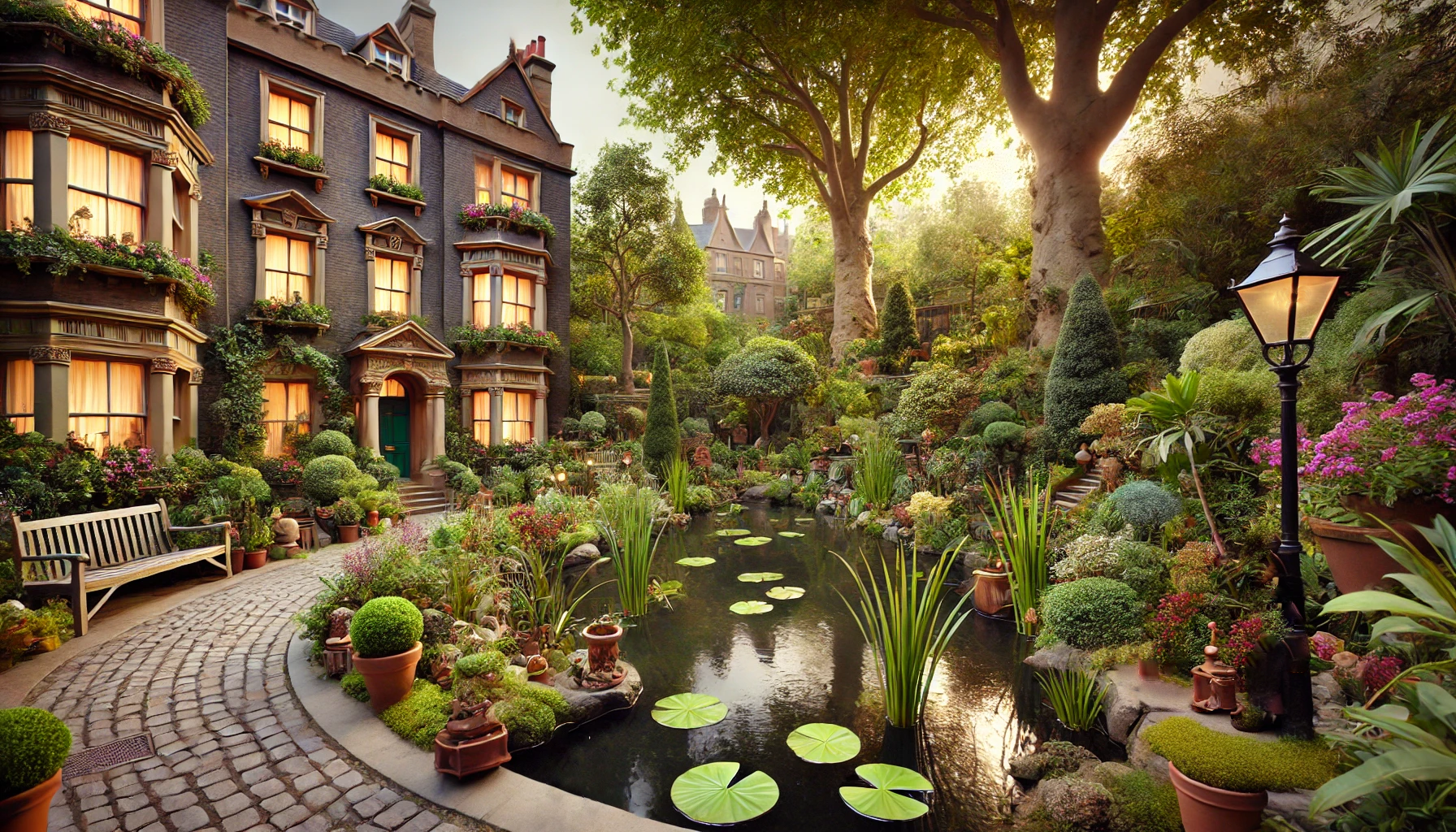 There is a pond in the middle of a garden in front of a house.