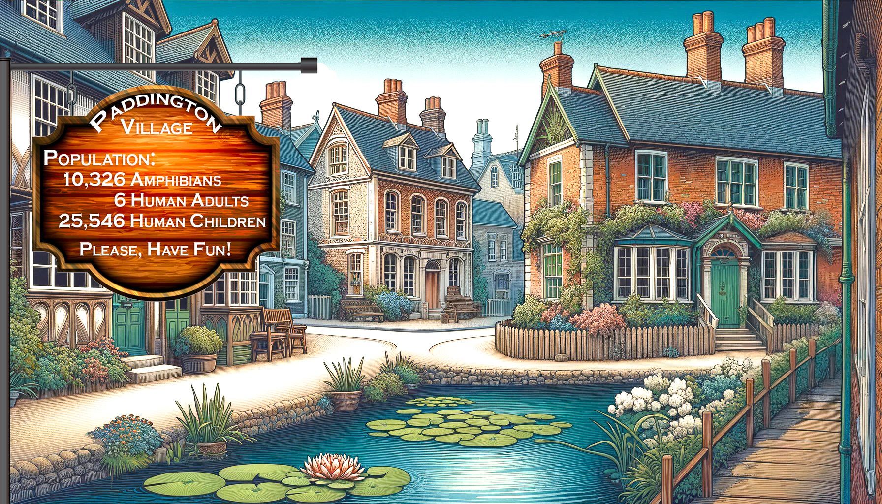 A painting of a village with a sign that says please have fun