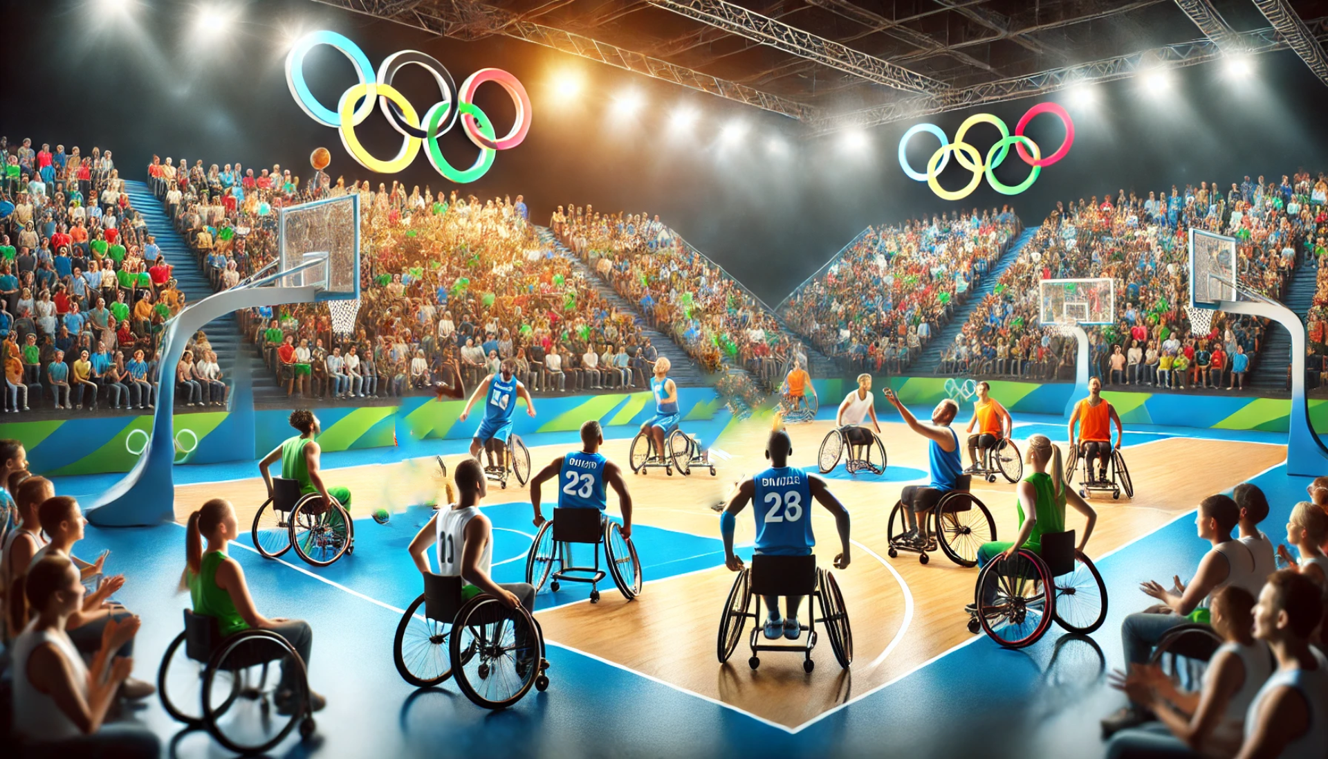 A group of people in wheelchairs are playing basketball in a stadium.