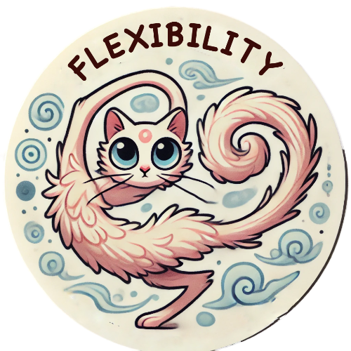 A sticker with a cat and the word flexibility on it
