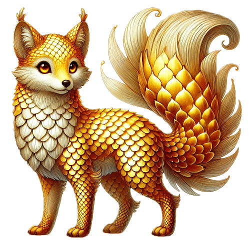 A golden fox with a long tail is standing on a white background.