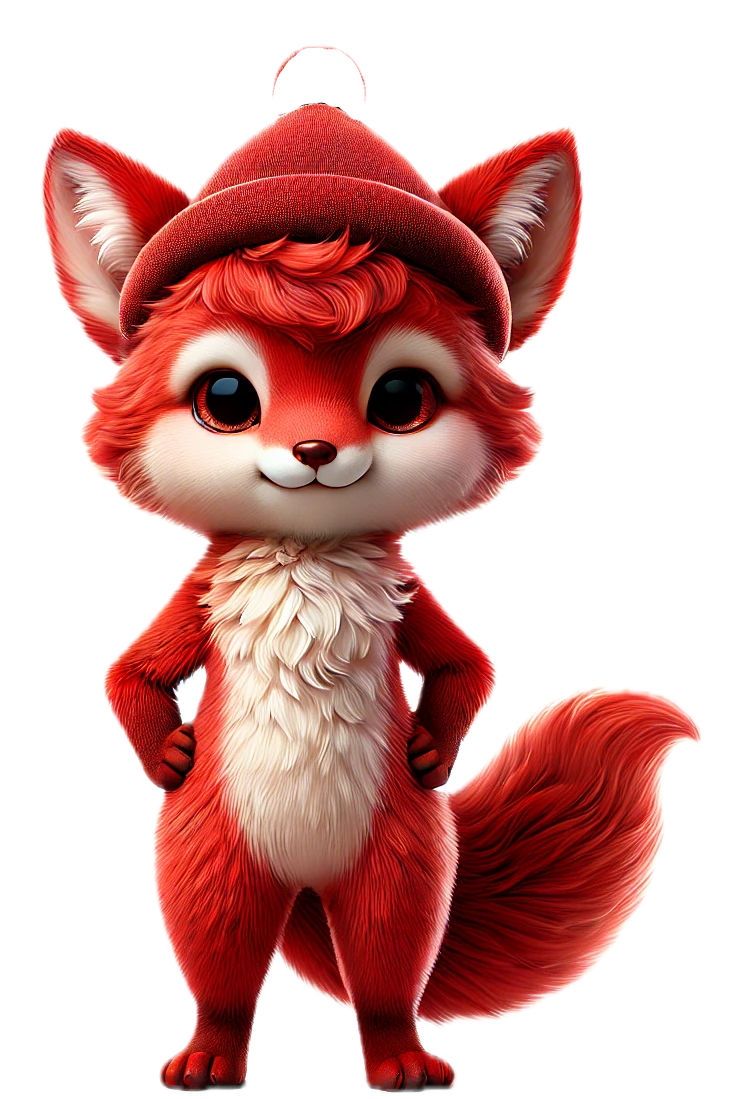 A red fox wearing a red hat is standing with its paws on its hips.