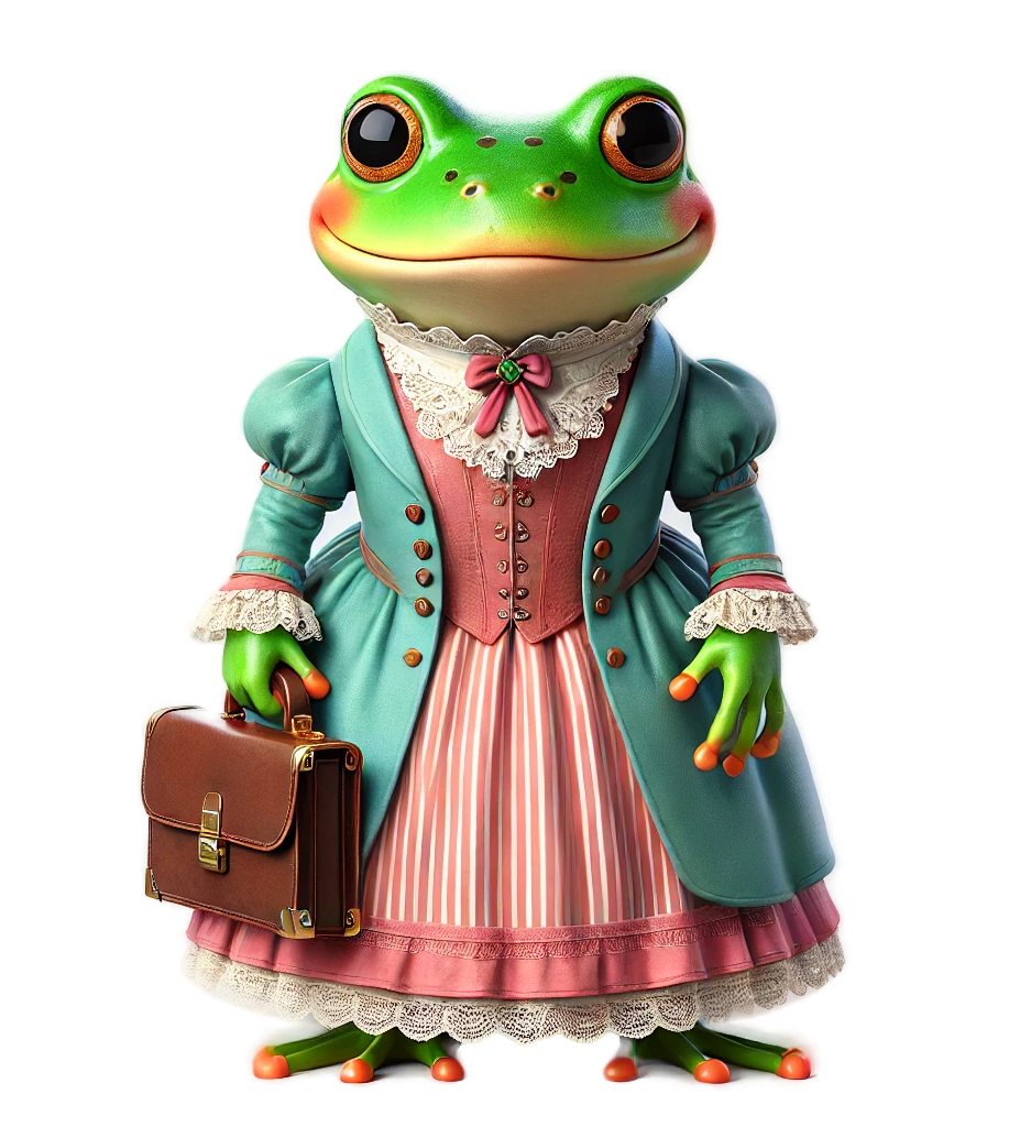 A frog in a dress and coat is holding a briefcase