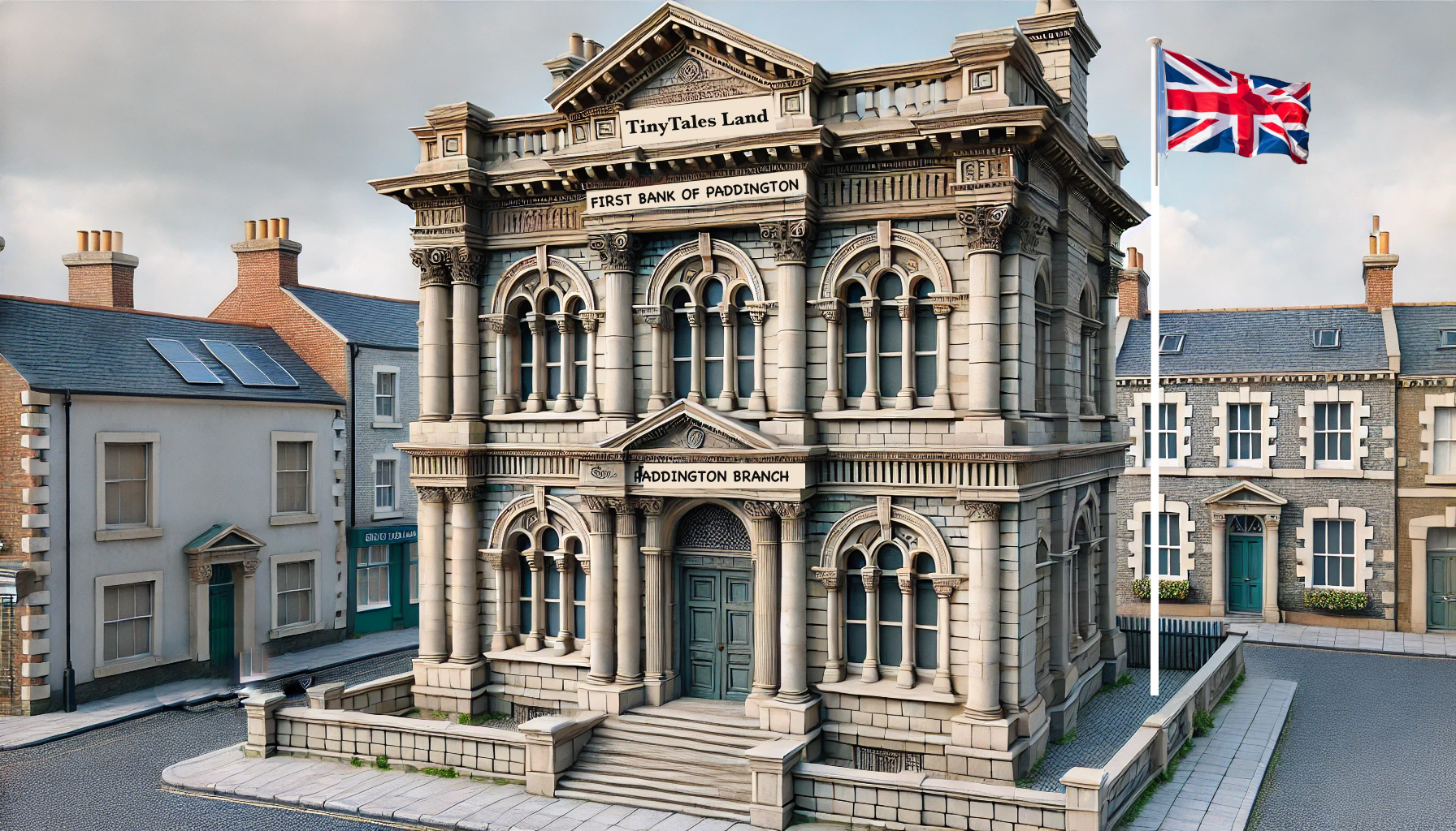A model of a building with a british flag in front of it