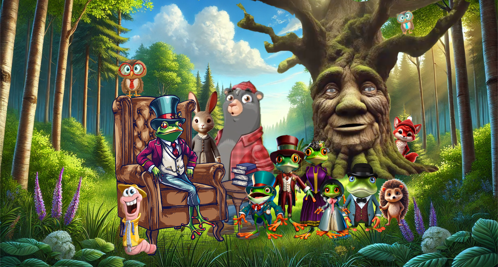 A group of cartoon characters are sitting around a tree in the woods.