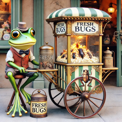 A frog is sitting next to a cart that sells fresh bugs