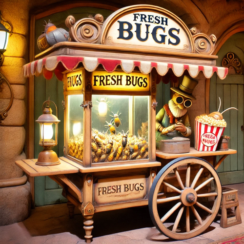 A cart that sells fresh bugs and popcorn