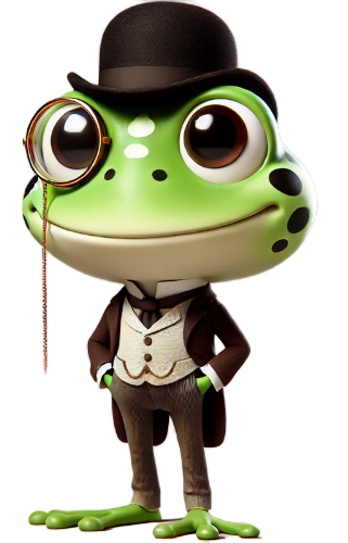 A frog wearing a top hat and glasses is standing with his hands in his pockets.