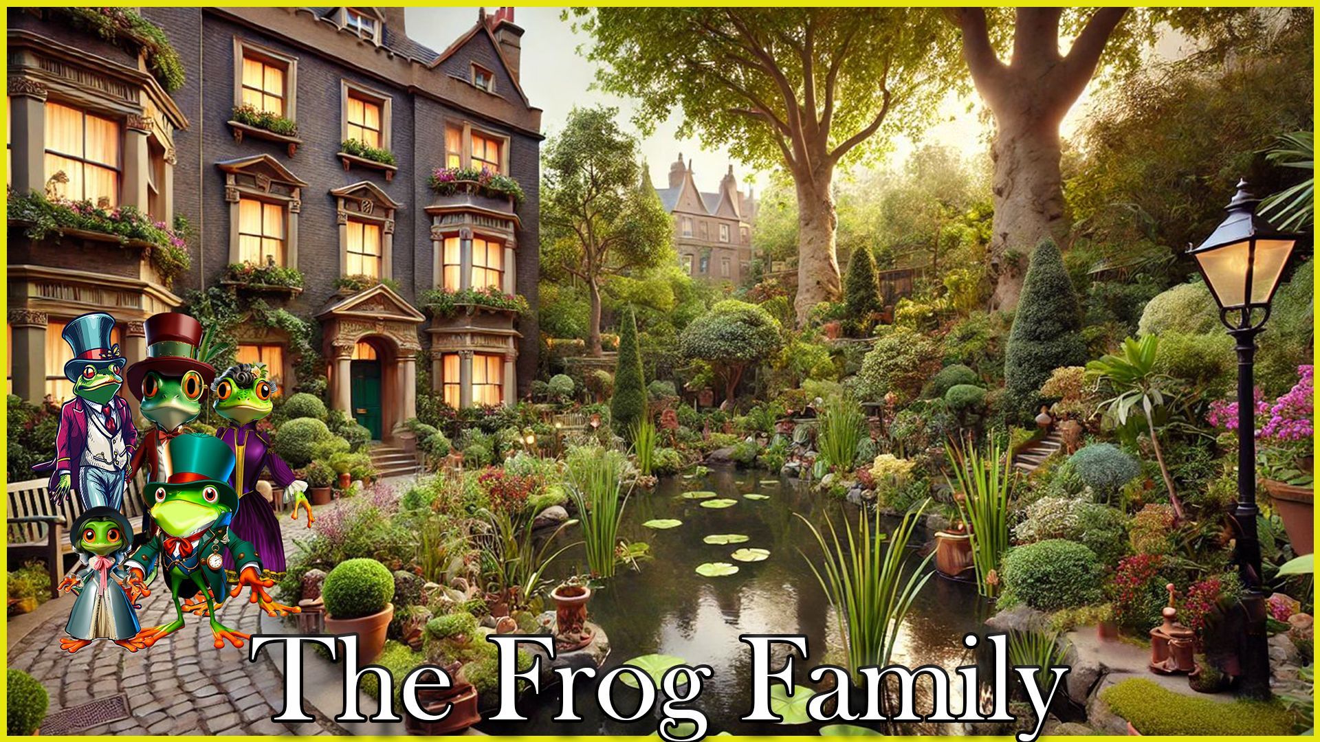 A poster for the frog family with frogs in front of a house