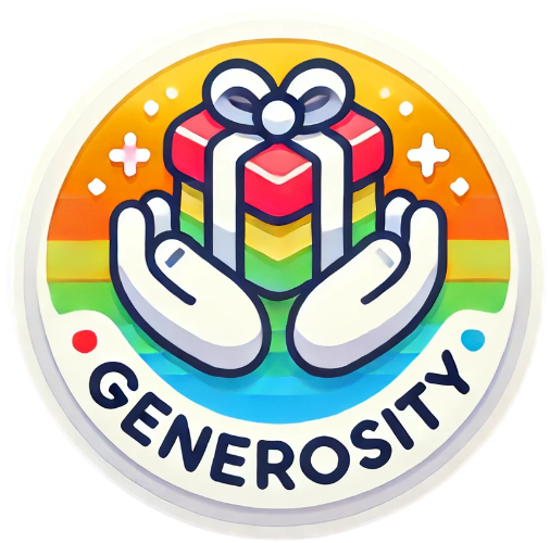 A sticker that says generosity with two hands holding a gift box