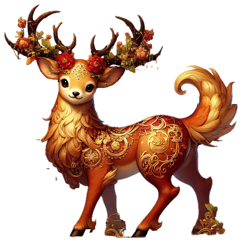 A deer with a crown of flowers on its antlers is standing on a white background.