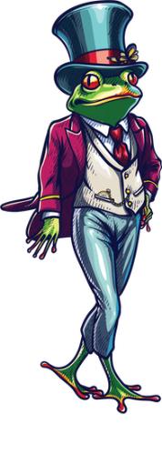 A frog is wearing a top hat and a suit.